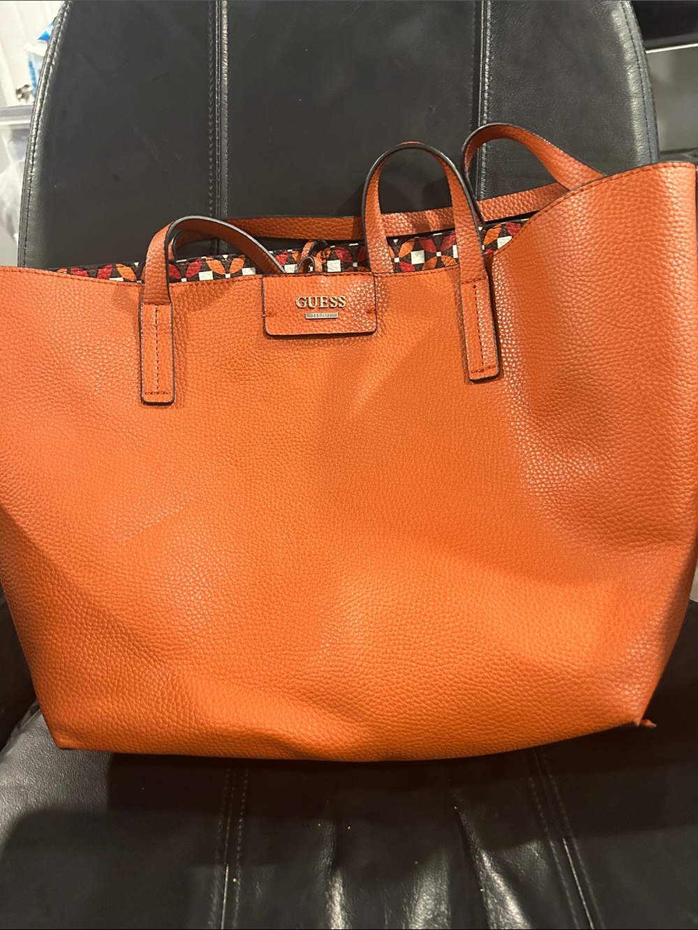 GUESS Orange Pebbled Tote with Patterned Trim